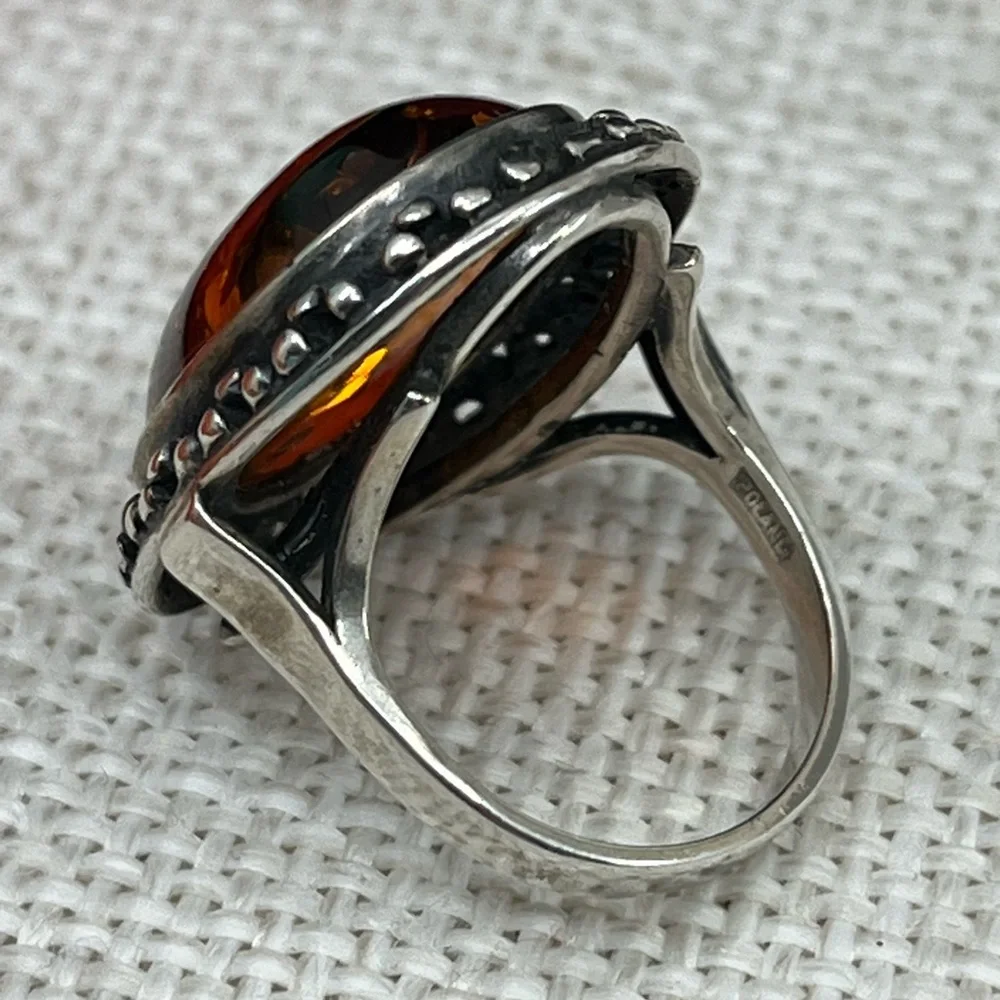 Vintage 925 Poland Baltic Amber Sterling Silver Ring, Size 5.5 - Picture 11 of 16